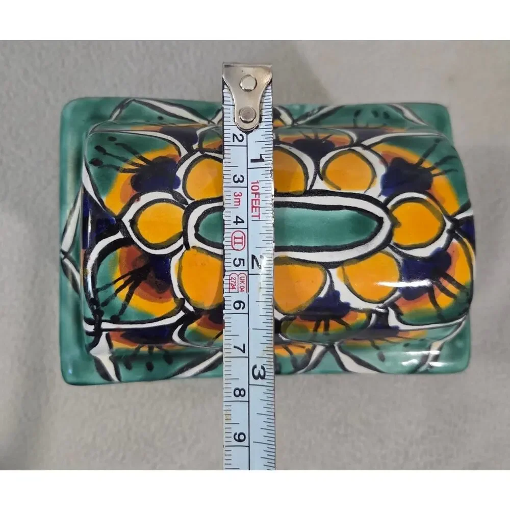 Mexico Pottery Trinket Box Hand Painted Green Yellow Treasure Chest Lidded